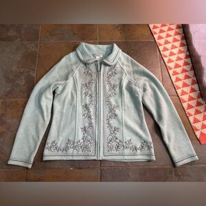 Pendleton Petite Sz M Full Zip Cardigan Embroidered Light Blue Flower 100% Wool
